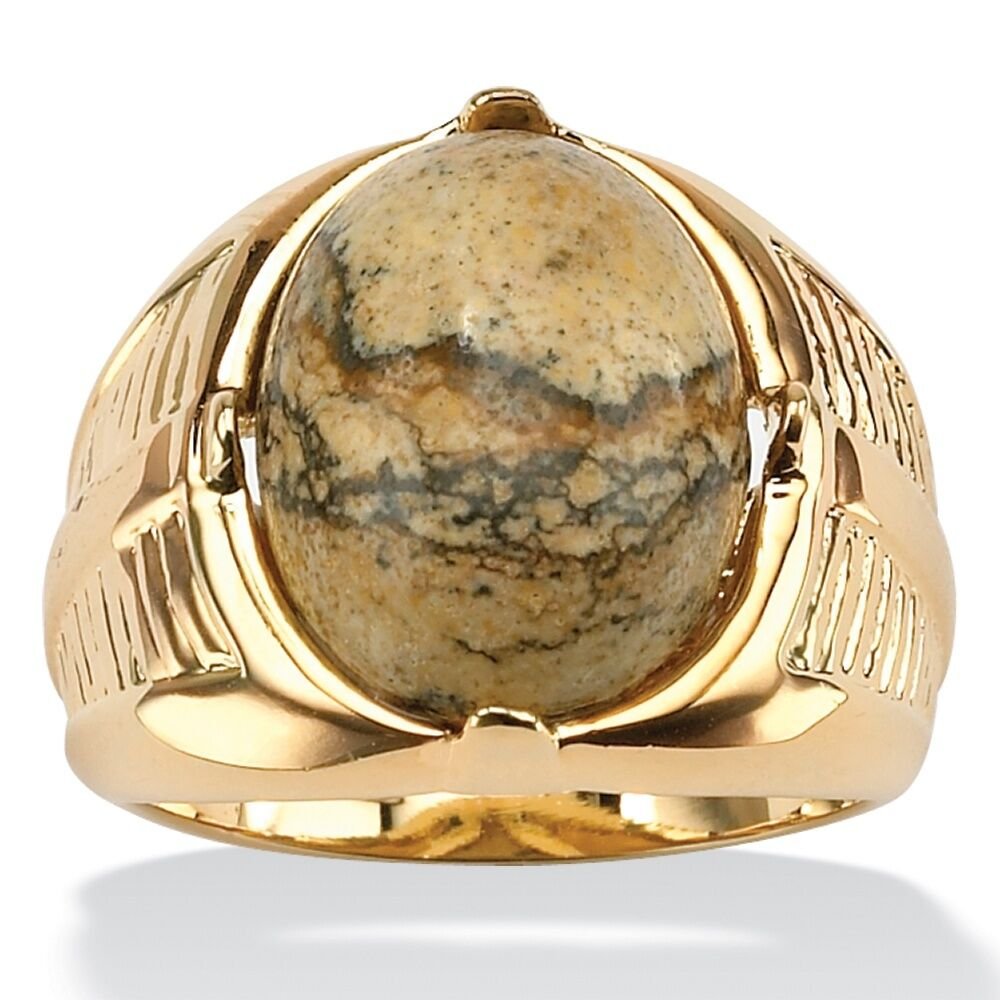 CABOCHON MENS 14K GOLD PLATED JASPER RING  SIZE 8 9 10 11 12 13