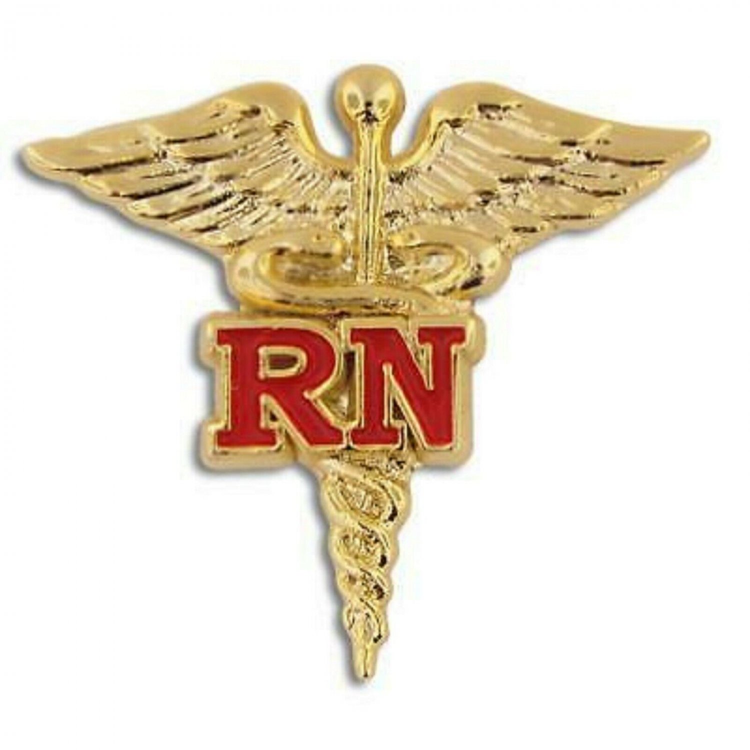 RN REGISTERED NURSE GOLD CADUCEUS RED MEDICAL BADGE PIN