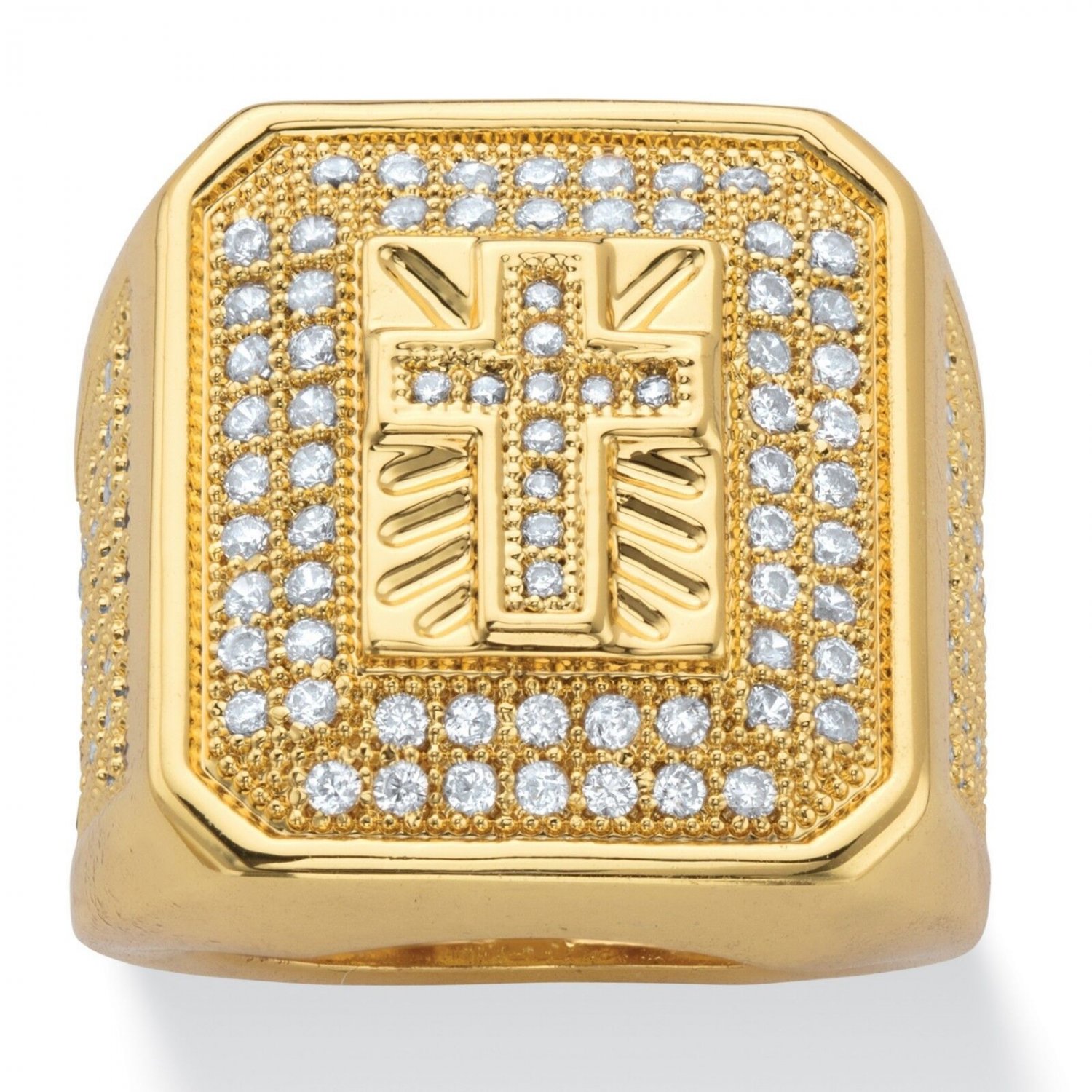 14K GOLD GRIDDED CROSS ROUND CZ MENS GP RING SIZE 8 9 10 11 12 13