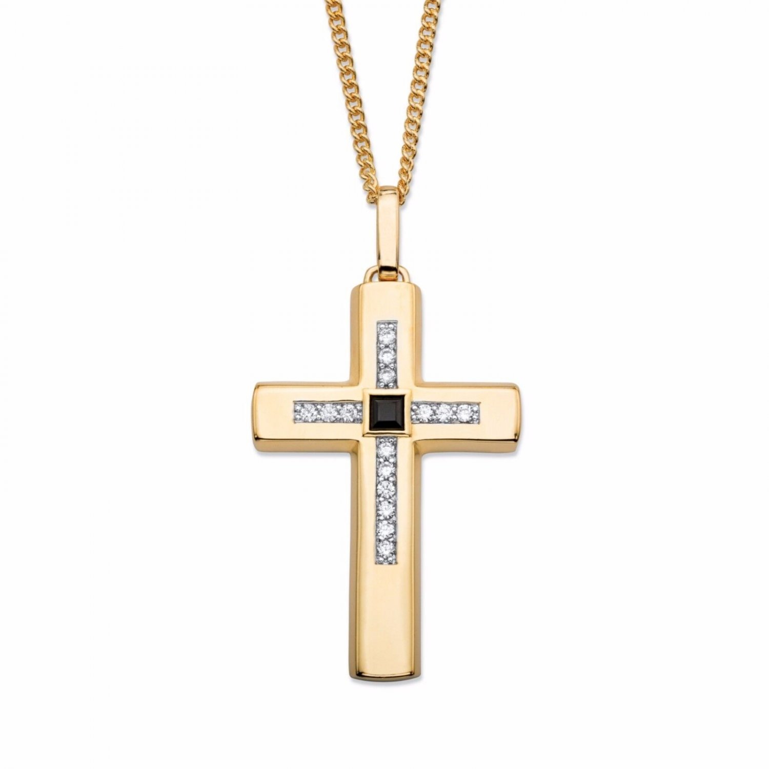 14K GOLD GP BLACK ONYX PENDANT CROSS CRUCIFIX CHARM AND 22" CHAIN