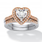 1.40 TCW HEART ROSE GOLD OVER STERLING SILVER BRIDAL RING SET SIZE 5 6 7 8 9 10