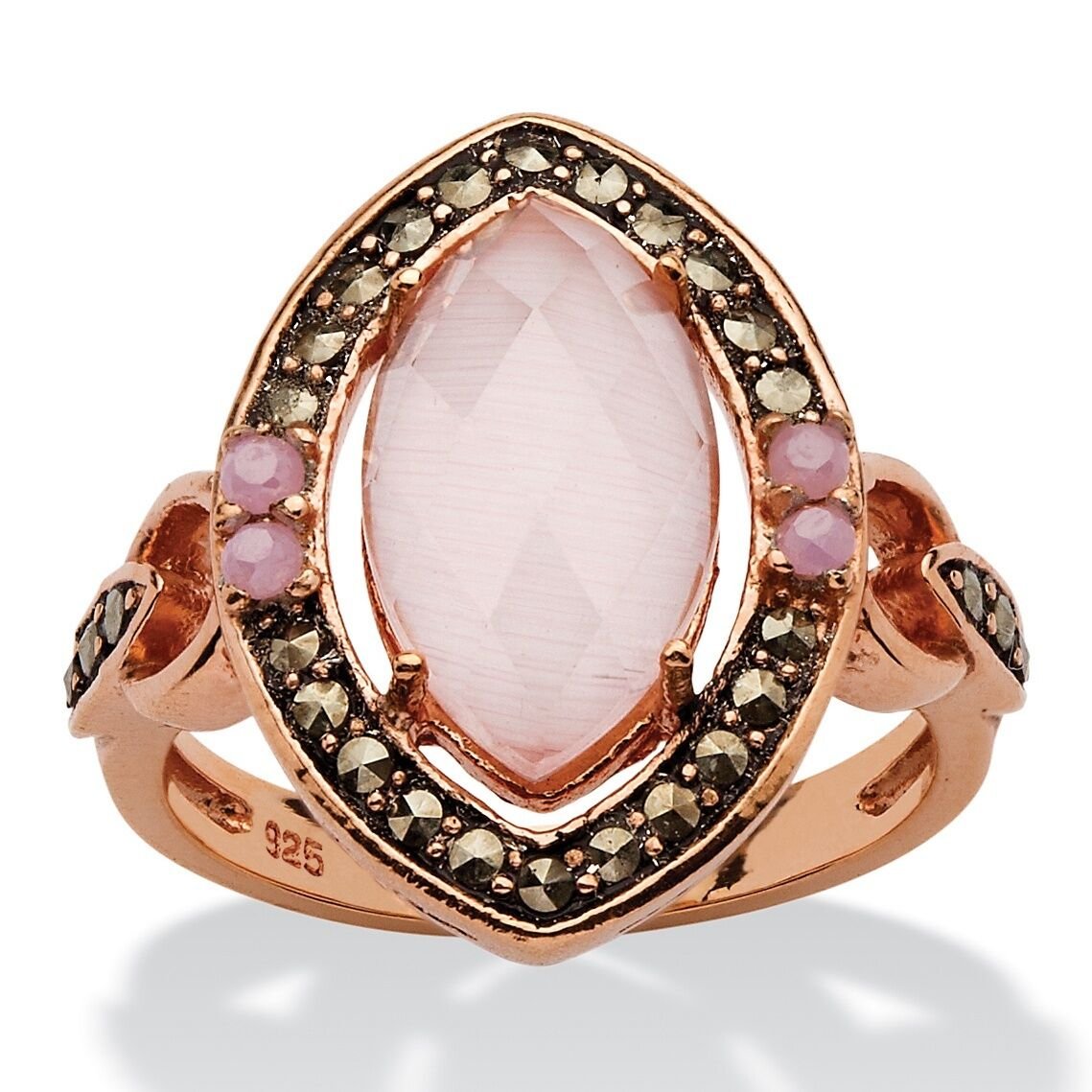 WOMENS ROSE GOLD PINK MARQUISE CAT'S EYE BLACK MARCASITE RING SIZE 6 7 8 9 10