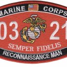 4.5" MARINE CORPS MOS 0321 RECONNAISSANCE MAN EGA EMBROIDERED PATCH