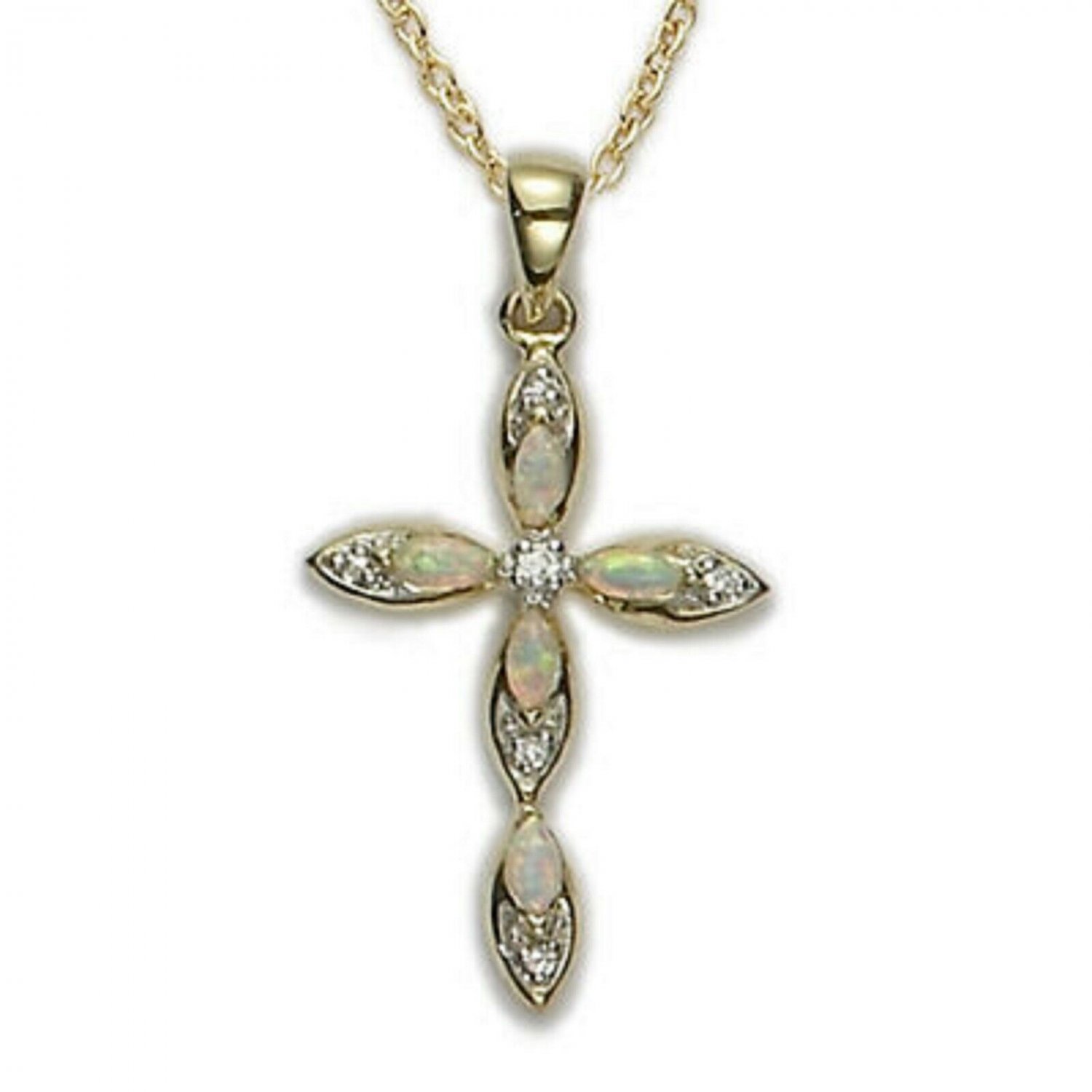 24K GOLD STERLING SILVER CROSS INLAID OPAL PENDANT CHARM AND 18" NECKLACE CHAIN