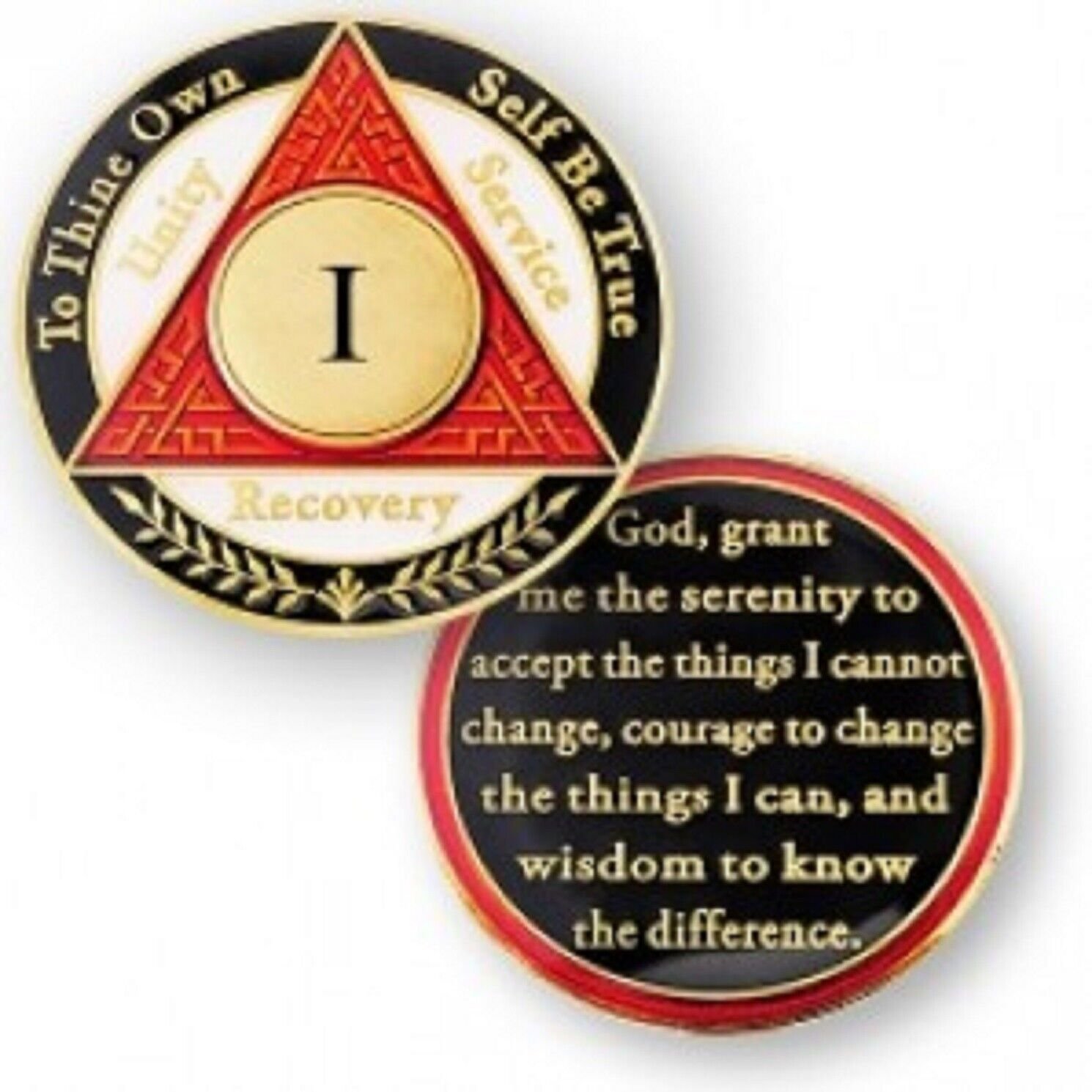 1 YEAR SOBRIETY  AA RECOVERY RED WHITE BLACK 18K GOLD GP  CHALLENGE COIN