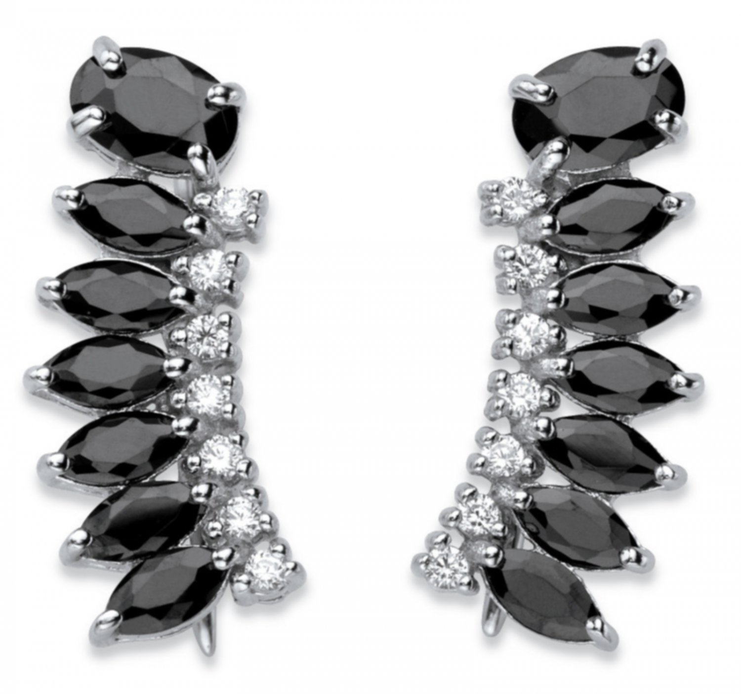 OVAL AND MARQUISE CUT BLACK CZ EAR CLIMBER EARRINGS STERLING SILVER