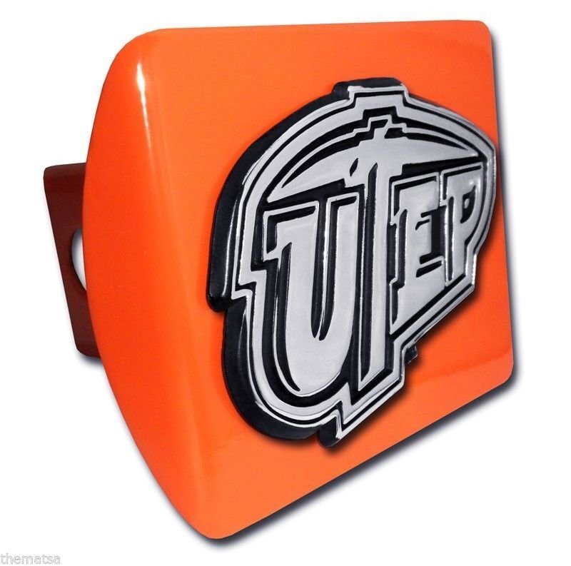 TEXAS EL PASO CHROME EMBLEM ON ORANGE UTEP USA MADE TRAILER HITCH COVER