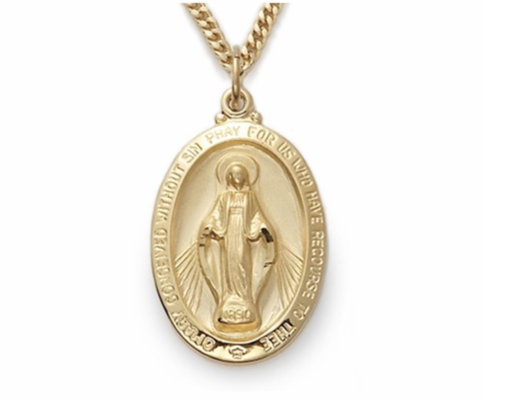 24K GOLD OVER STERLING SILVER OVAL MIRACULOUS MEDAL VIRGIN MARY NECKLACE & CHAIN