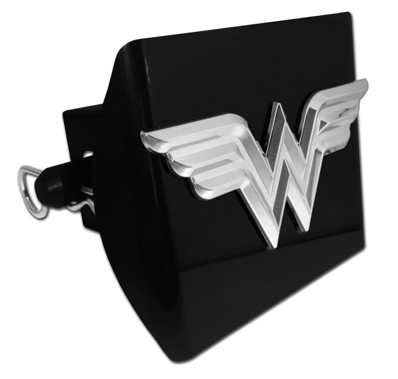 WONDER WOMAN CHROME LOGO ON BLACK PLASTIC  USA MADE TRAILER HITCH COVER
