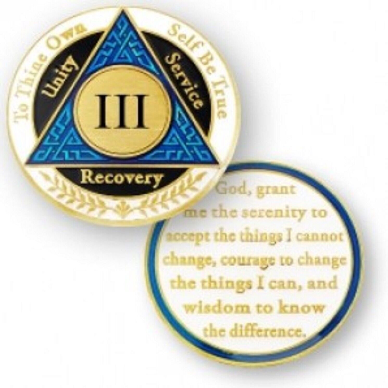 3 YEAR SOBRIETY AA RECOVERY BLUE BLACK WHITE 18K GOLD GP  CHALLENGE COIN
