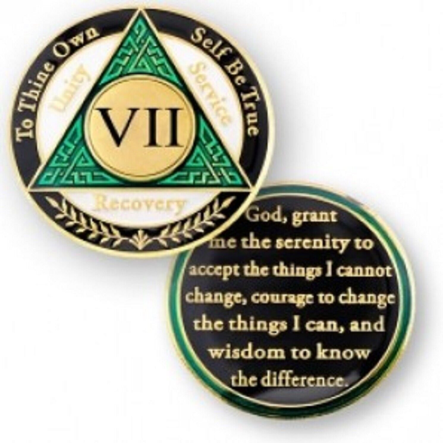 7   YEAR SOBRIETY  AA RECOVERY GREEN BLACK WHITE 18K GOLD GP  CHALLENGE COIN
