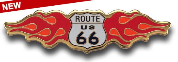ROUTE 66 GOLD FLAME WING 3" BADGE PIN