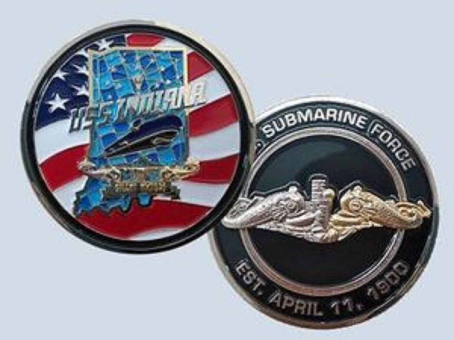 NAVY USS INDIANA SSN-789 SUBMARINE GOLD SILVER DOLPHIN CHALLENGE COIN