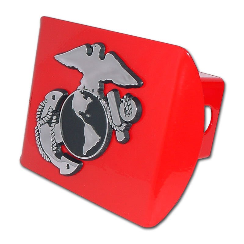 usmc marine corps insignia chrome on red military trailer hitch cover