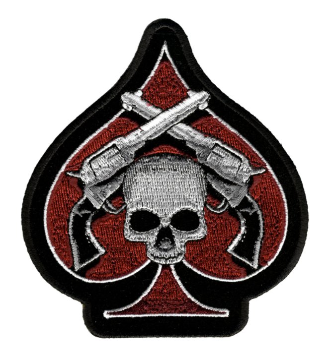 4" SKULL AND PISTOLS SPADE BIKER EMBROIDERED PATCH