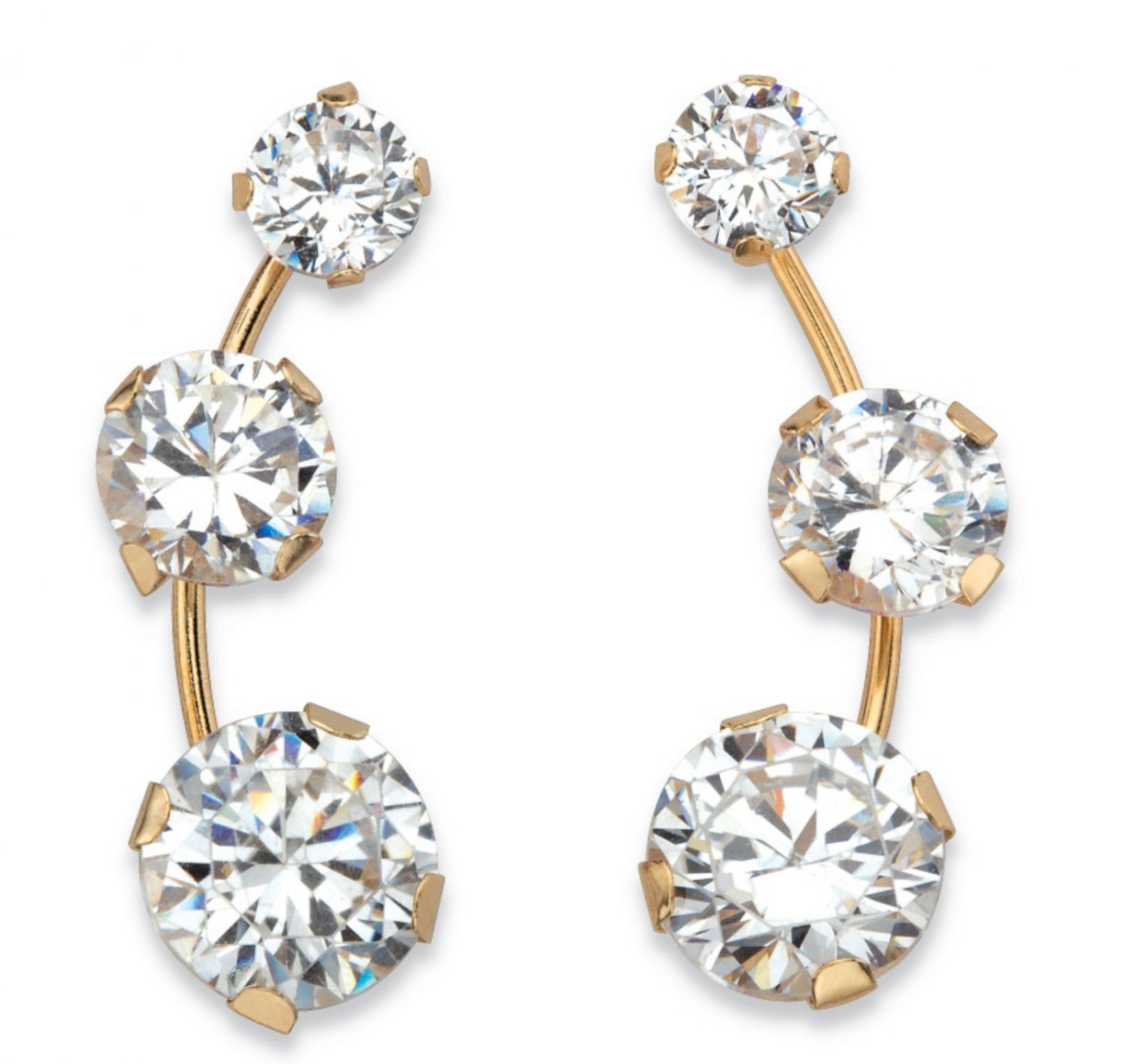 ROUND WHITE CZ 3 STONE EAR CLIMBER EARRINGS IN SOLID 10K YELLOW GOLD