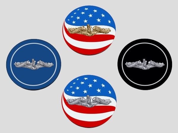 NAVY SUBMARINE DOLPHIN GOLD OR SILVER 4 PIECE COASTER SET