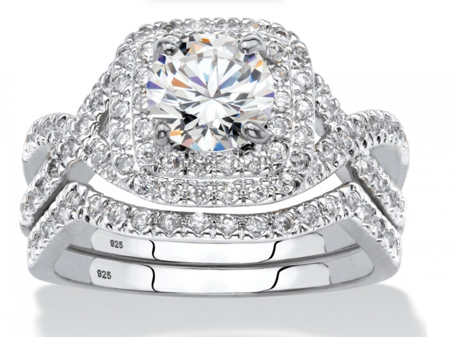 ROUND CZ CROSSOVER HALO BRIDAL 2 RING SET PLATINUM STERLING SILVER  6 7 8 9 10