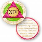 14 YEAR SOBRIETY  AA RECOVERY PINK GREEN WHITE 18K GOLD GP  CHALLENGE COIN