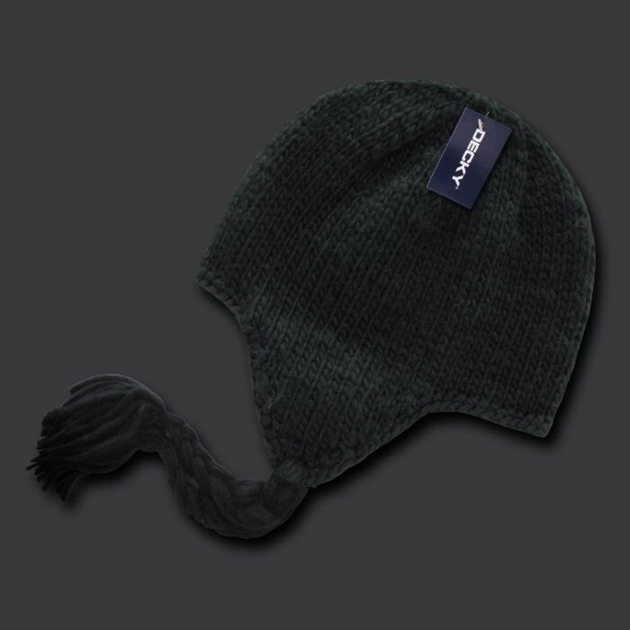 SOLID BLACK PERUVIAN BEANIE WINTER BRAIDED EAR FLAP WARM KNIT   HAT CAP