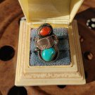 Signed Maker's Mark Southwestern Ring Coral Turquoise Stone Ring