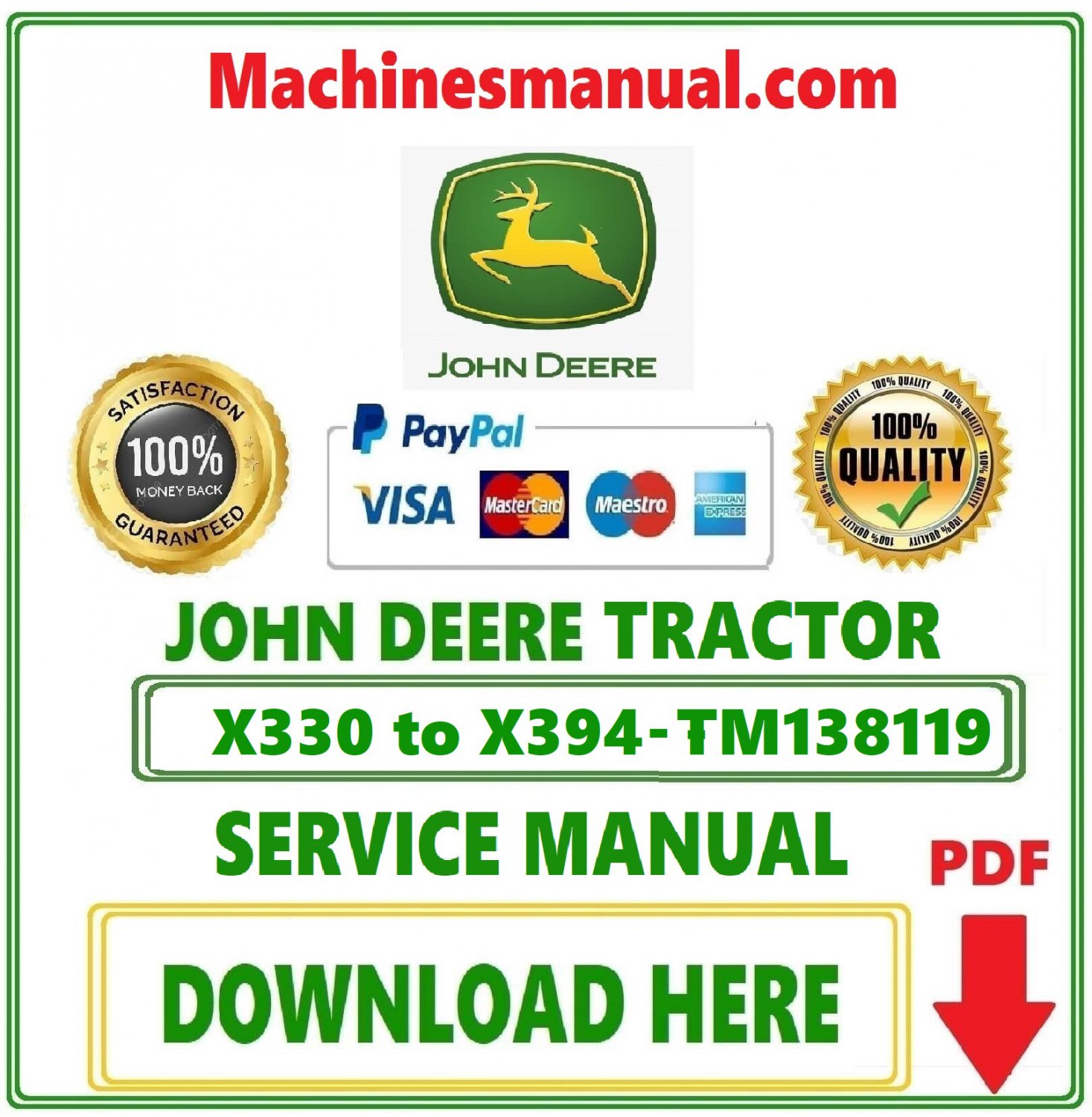 John Deere X330 to X394 Riding Lawn Tractor Technical Service Repair Manual Download Pdf-TM138119