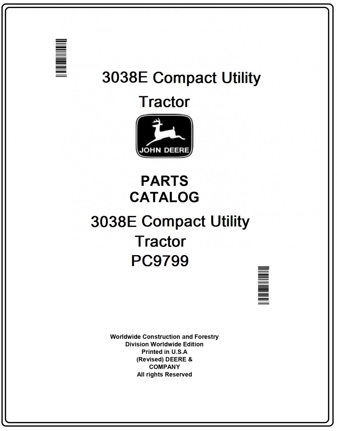 John Deere 3038E Compact Utility Tractor Parts Catalog JD PC9799
