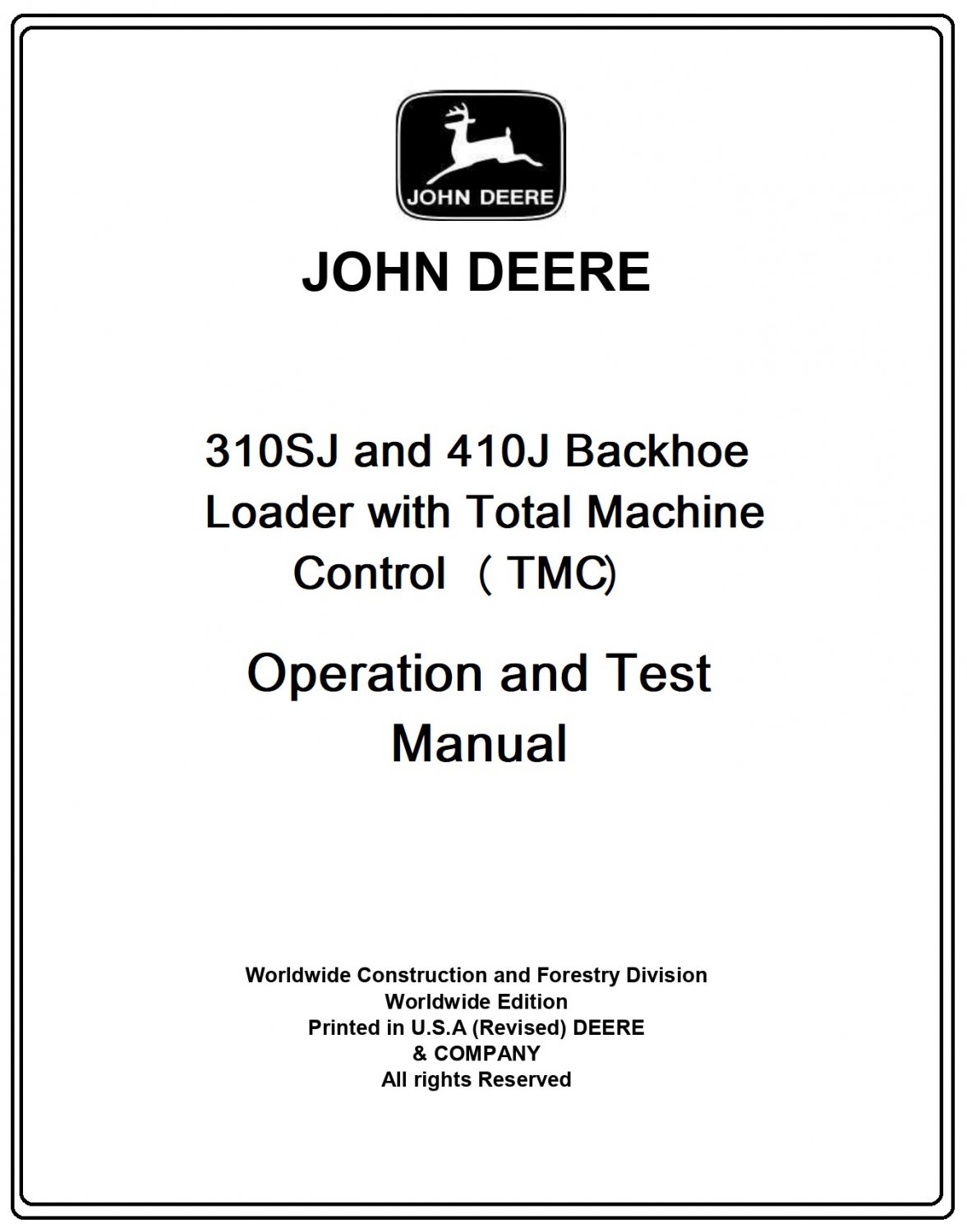 John Deere 310SJ and 410J Backhoe Loader Operation and Test Manual TM10852