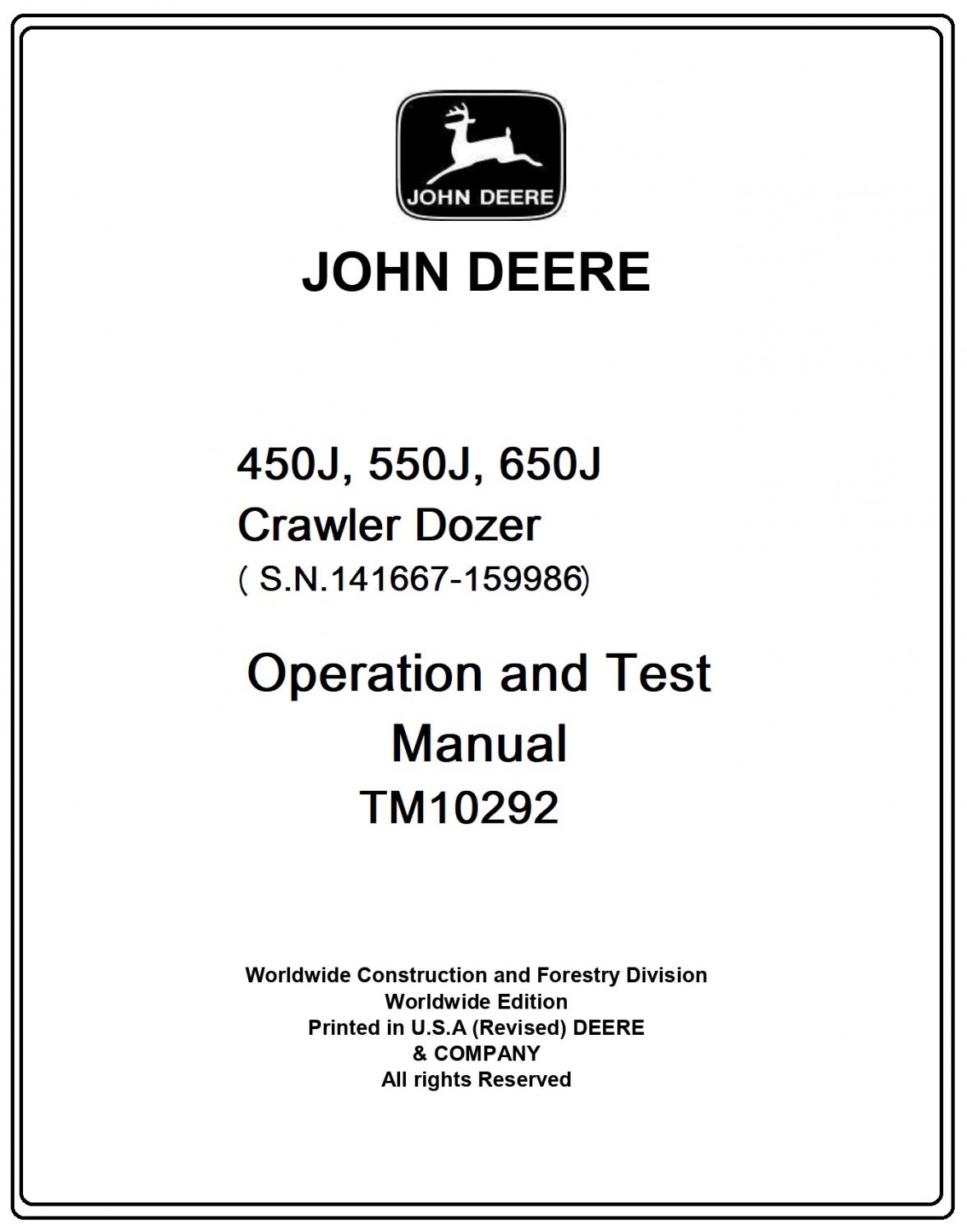 John Deere 450j, 550j, 650j Crawler Dozer Diagnostic and Test Service Manual Download Pdf-TM10292