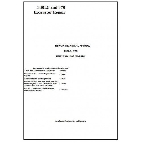 John Deere 330LC, 370 Excavator Technical Service Repair Manual Download Pdf-TM1670