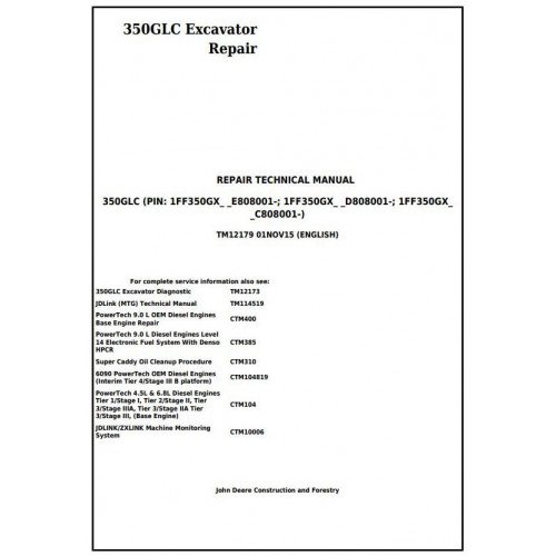 John Deere 350GLC Excavator Service Repair Technical Manual Download Pdf-TM12179