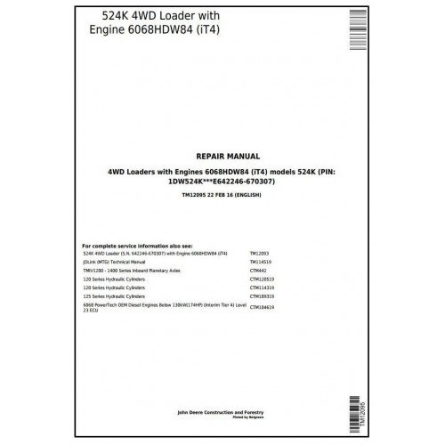 John Deere 524K, 4WD Wheel Loader Service Repair Technical Manual-TM12095