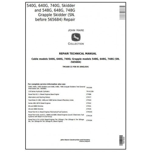 John Deere 540G, 640G, 740G, 548G, 648G, 748G Skidder Service Technical Repair Manual-TM1600