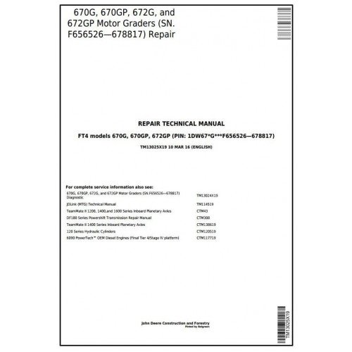 John Deere 670G, 670GP, 672G, 672GP Motor Grader Service Repair Technical Manual TM13025X19