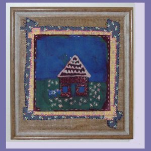 "Small House" Framed Batik Painting, Primitive Folk Art, Quilt Block Style