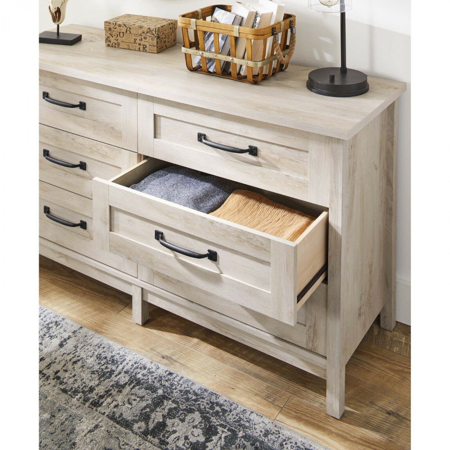 6Drawer Modern Farmhouse Dresser, 57" W x 18" L x 32" H, Rustic White Finish