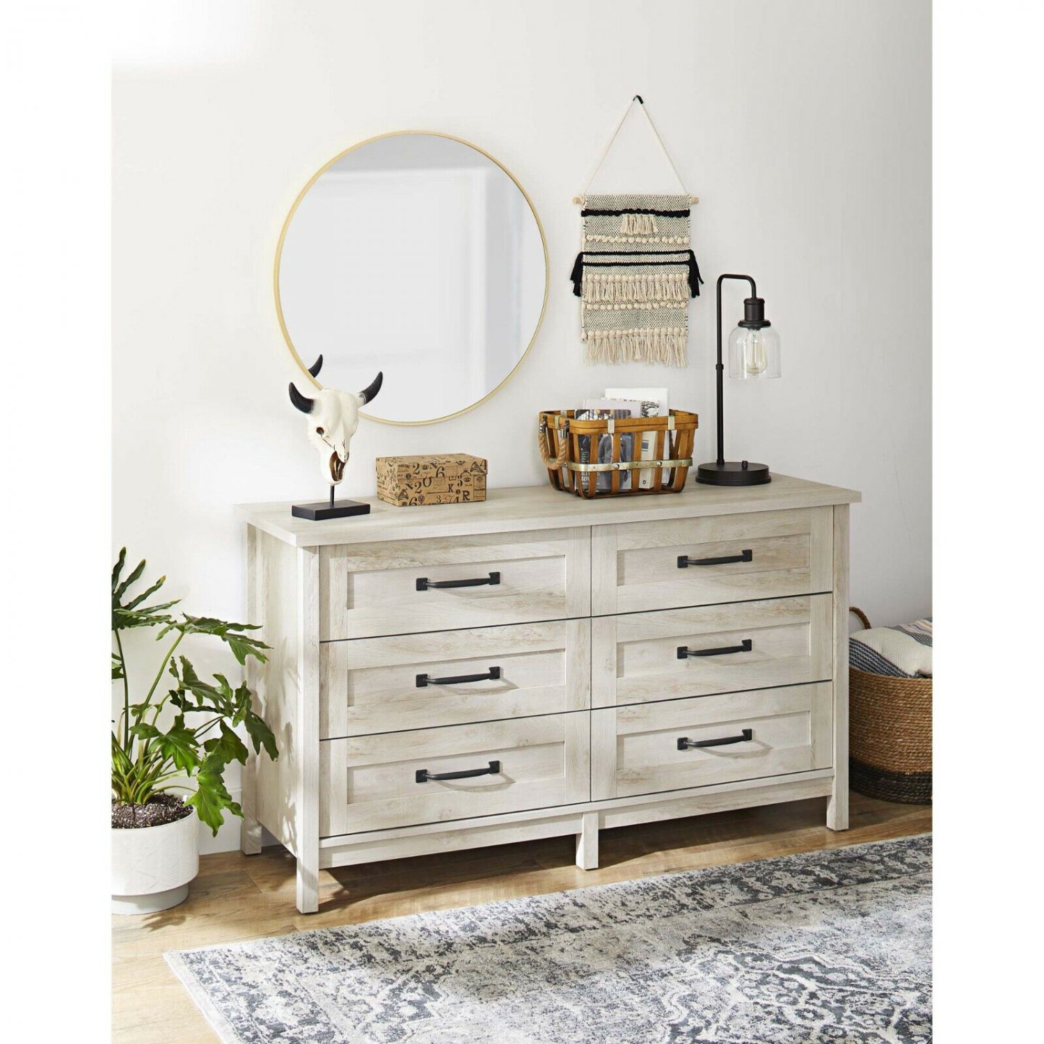 6Drawer Modern Farmhouse Dresser, 57" W x 18" L x 32" H, Rustic White