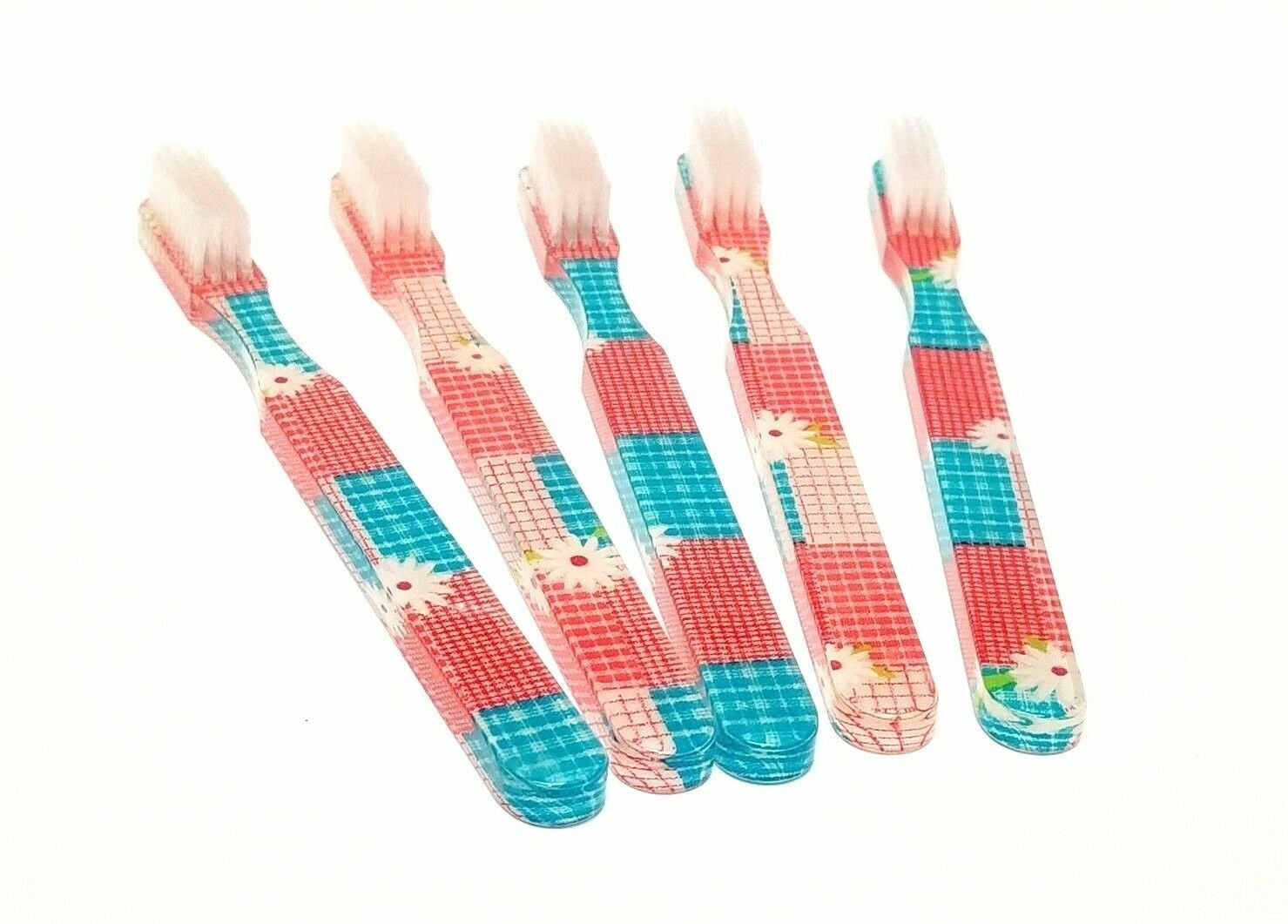5-Pack Vintage Red-Blue Checkered Design Toothbrush By Alan Stuart of New York