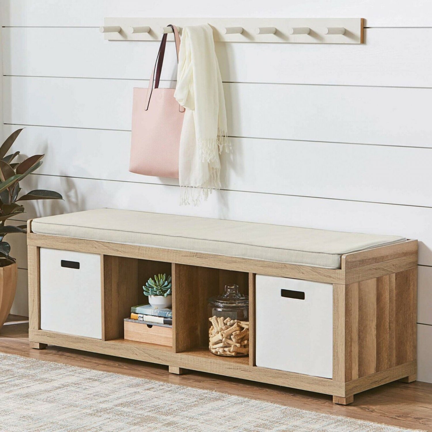 4-Cube Entryway Wood Storage Bench with Upholstered Cushion Sitting, Weathered