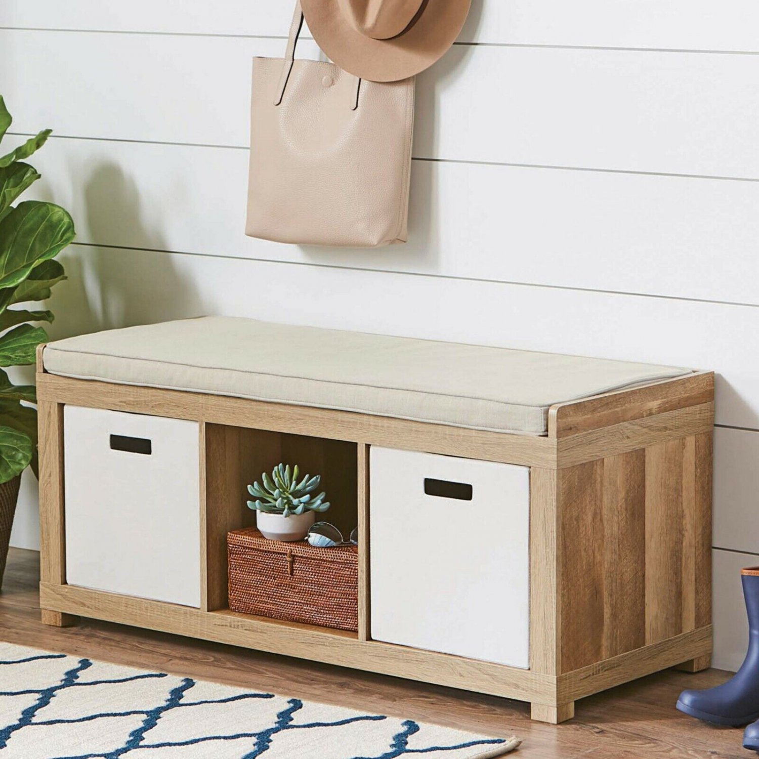 3-Cube Entryway Wood Storage Bench with Upholstered Cushion Sitting, Weathered