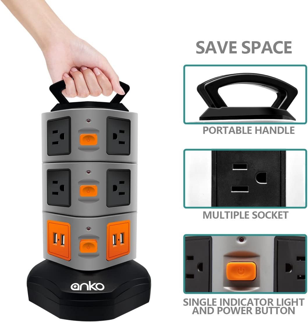 10 Outlets Power Strip Tower 3000W 13A 16AWG Surge Protector Electric Charging Station