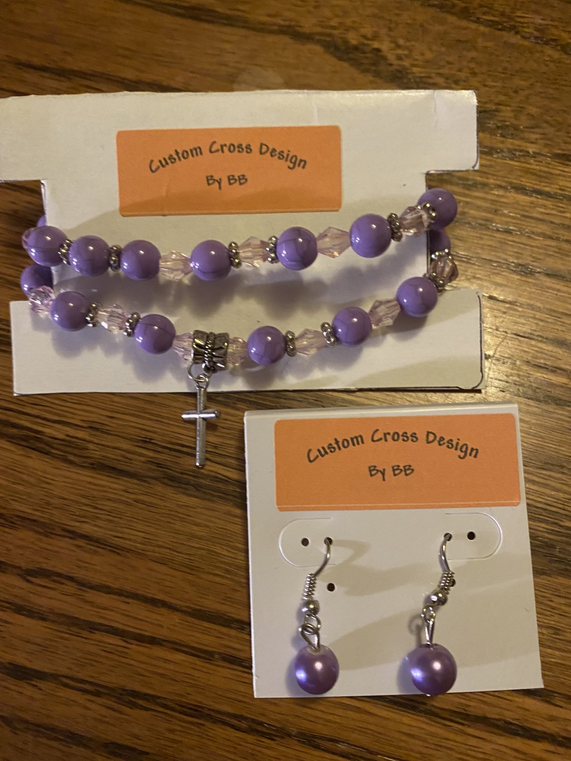 Two Purple Bracelets with Cross & Matching Earrings