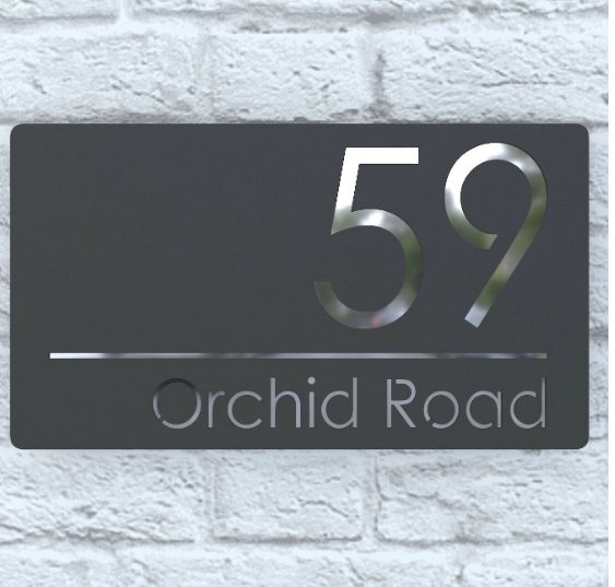 House Street Address Cusomized Laser Cut House Signs Grey Arcylic with Silver Mirror Effect Backing