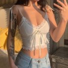 Lace Trim Crop Top Aesthetic White Bow Cute Sweet Mini Vest Knitted Basic Casual Tee Women