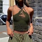 Hollow Out Halter Top Green Knitted Backless Sexy Mini Vest Retro Fashion Crop Top