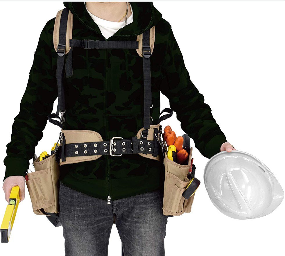 Prof .Comfort-Rig Tool Belt with Adjustable Suspenders (Detachable Pockets & 2 Power Tool Hooks)