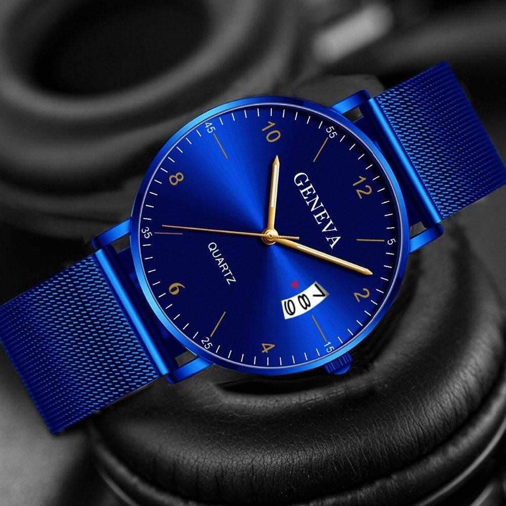 Geneva Brand Men Stainless Steel Mesh Calendar Watch Men Quartz Watch