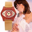 Eye Shape Red Wood Watch Case Women Watch Quartz Movement Genuine Leather Wristwatch