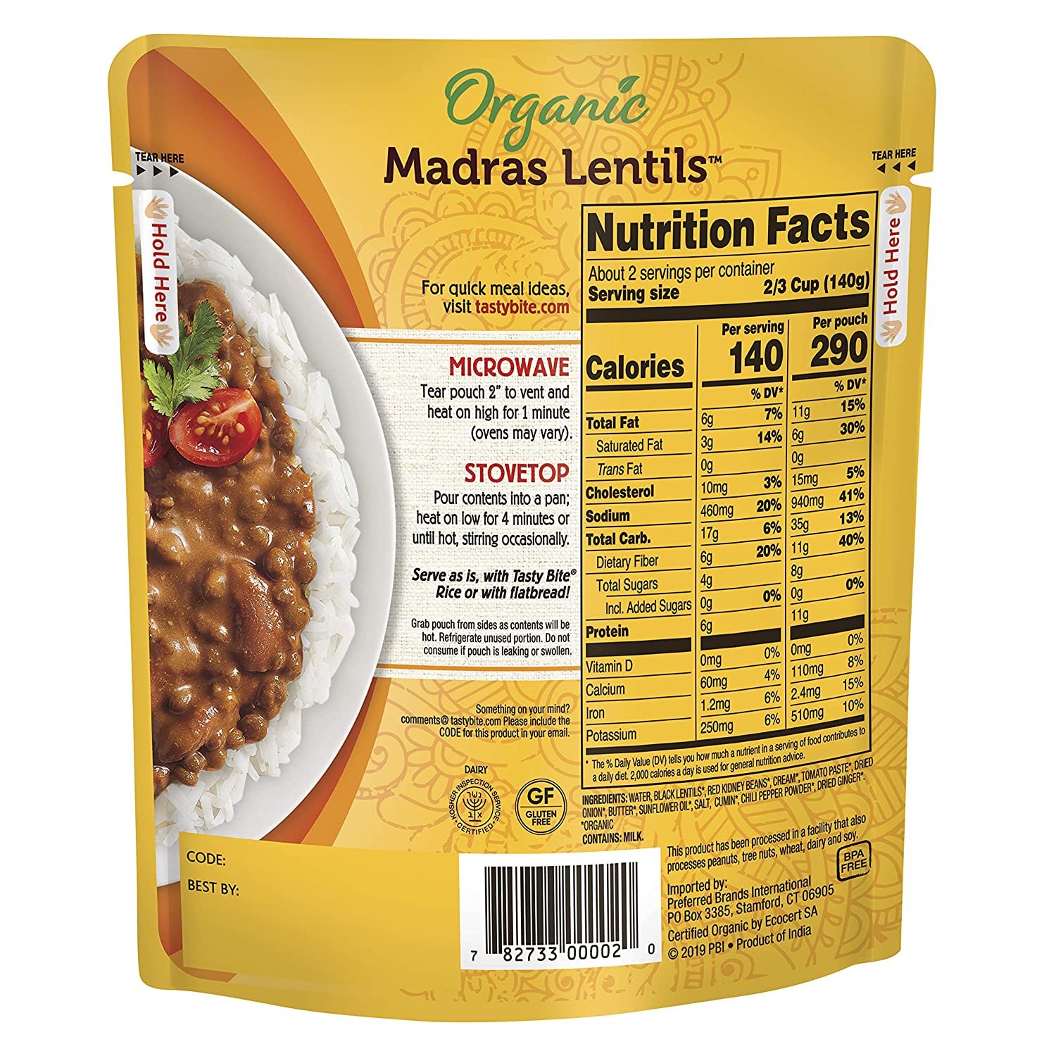 Tasty Bite Indian Madras Lentils, Microwaveable Ready to Eat Entrée, 10