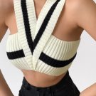 Knit Tank Top Contrast Color Striped Print Cross Neck Sleeveless